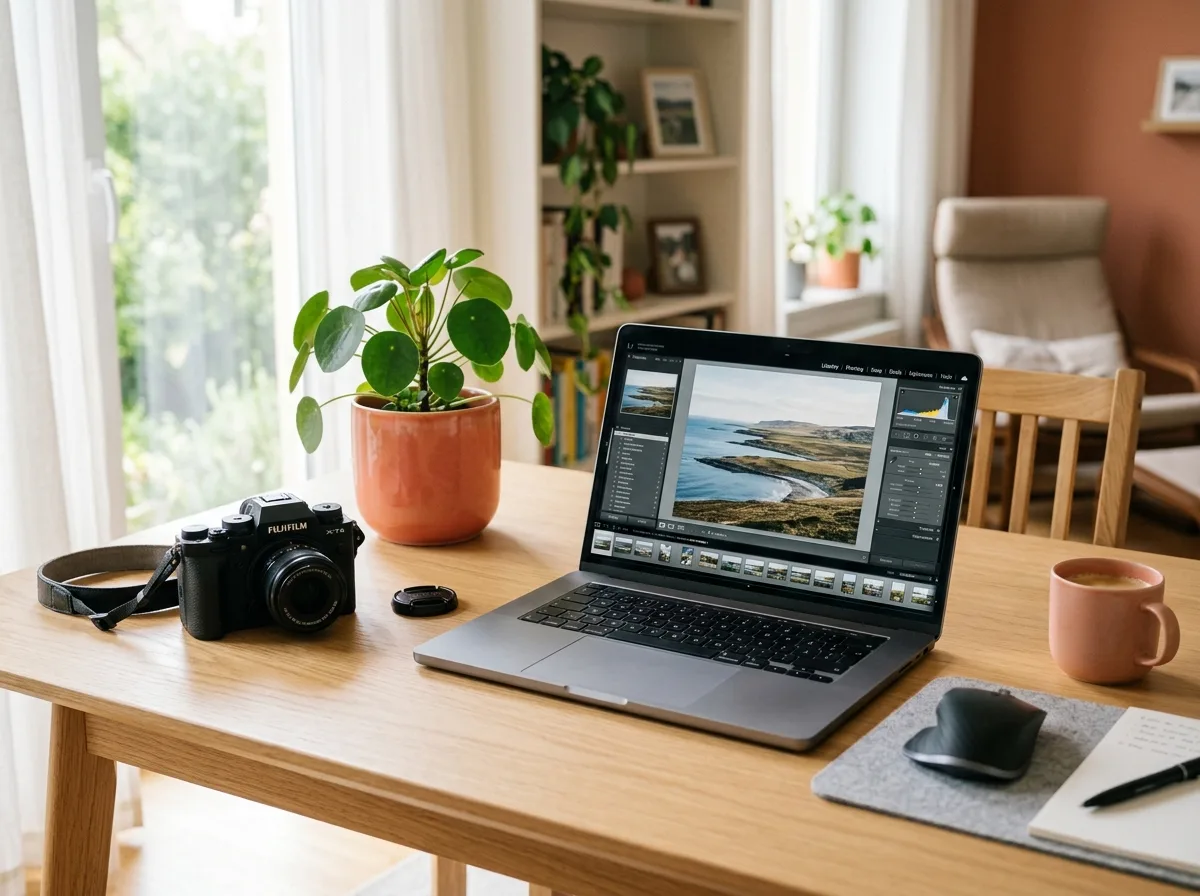 Editing photos on a laptop in a bright workspace