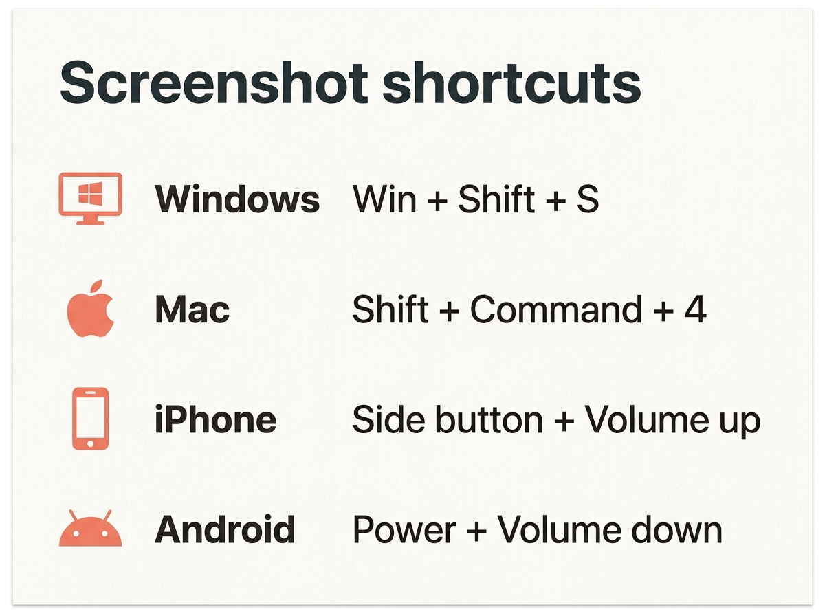 Keyboard shortcut cheat sheet for taking screenshots on Windows, Mac, iPhone and Android