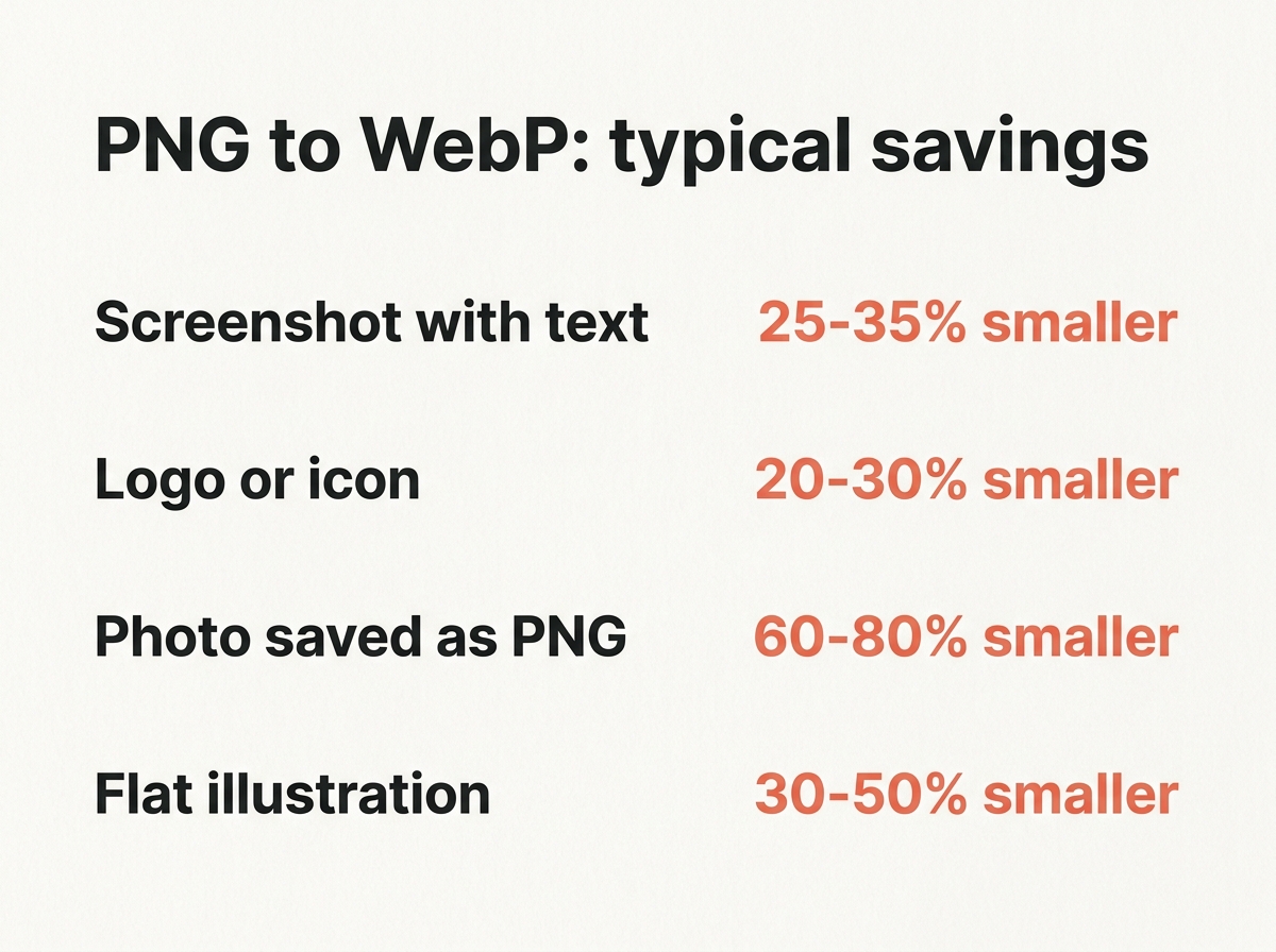 Comparison of file size savings when converting PNG to WebP by image type
