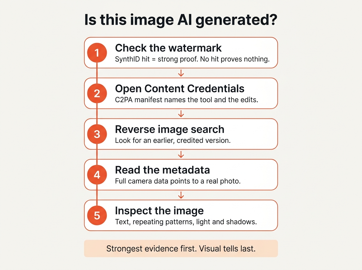 Checklist showing the order to check whether an image is AI generated
