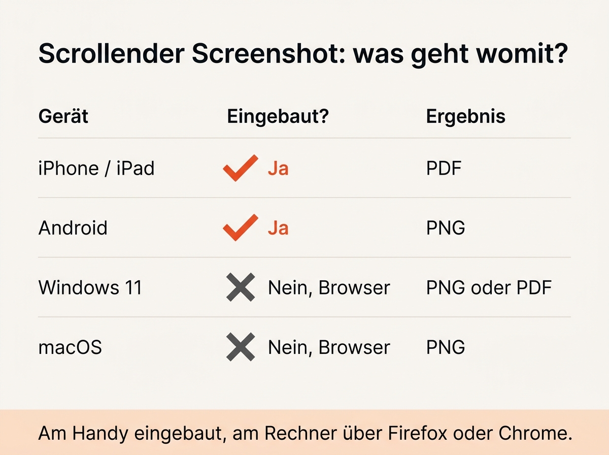 Vergleich der Unterstützung für scrollende Screenshots unter Windows, Mac, iPhone und Android