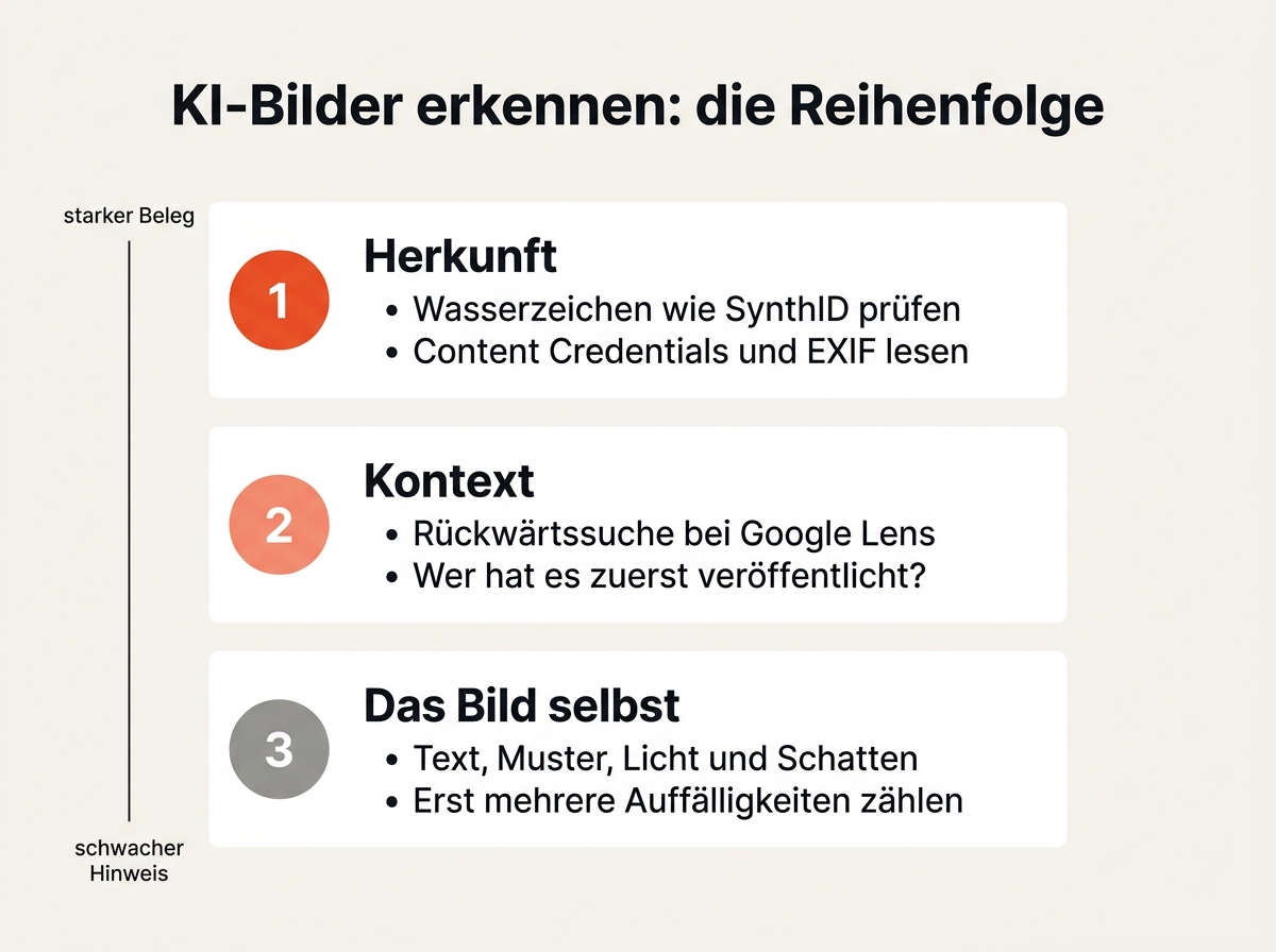 Prüfreihenfolge, um KI-generierte Bilder zu erkennen