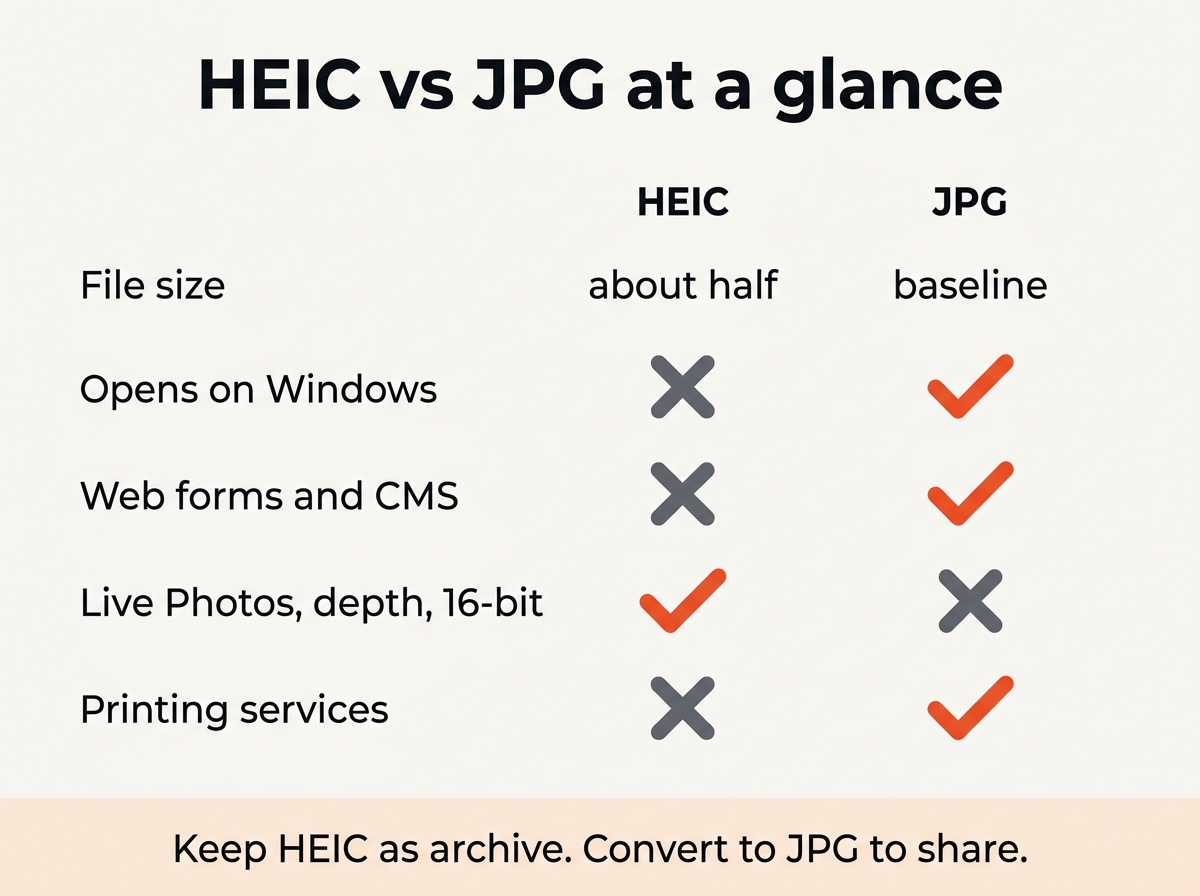 Comparison of HEIC and JPG for file size, quality, compatibility and features