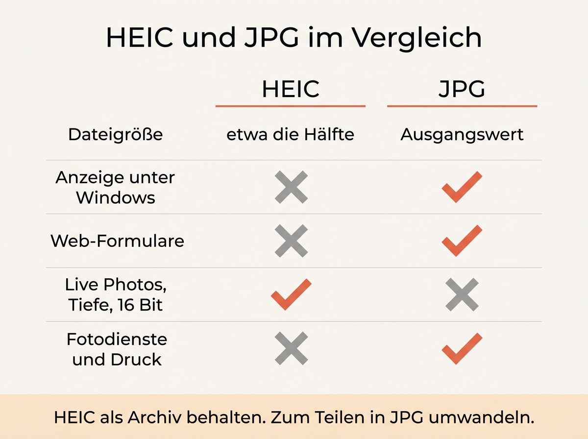 Vergleich von HEIC und JPG bei Dateigröße, Bildqualität, Kompatibilität und Funktionen