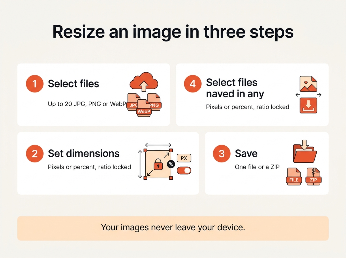 Three steps to resize an image: select files, set dimensions, save
