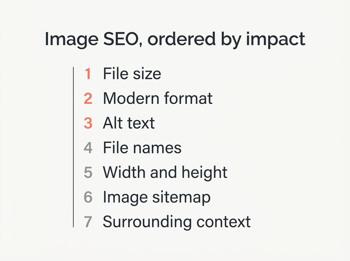 Checklist of image SEO fixes ordered by impact, from file size to surrounding context