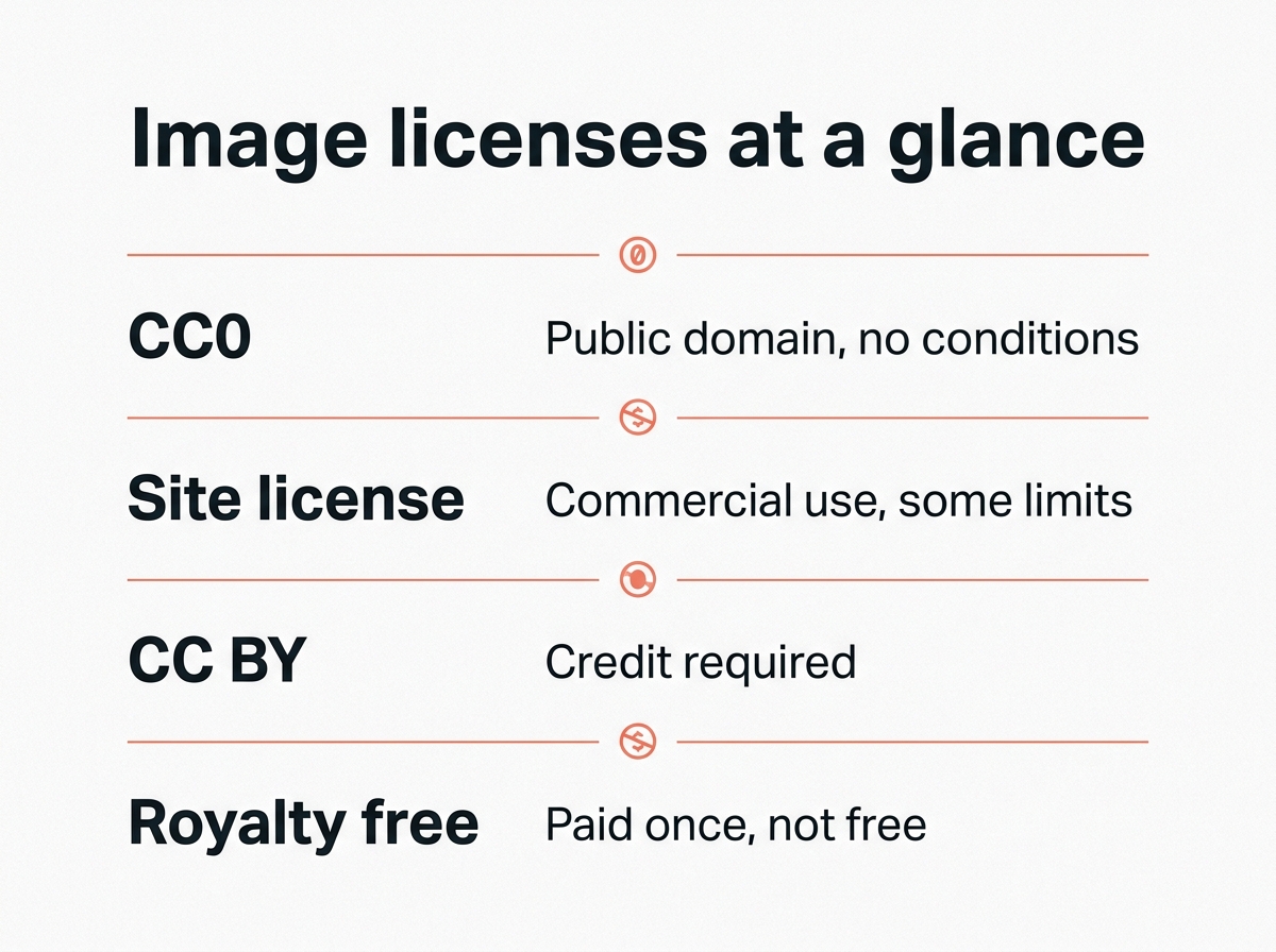 Four image license types compared, showing what each one permits