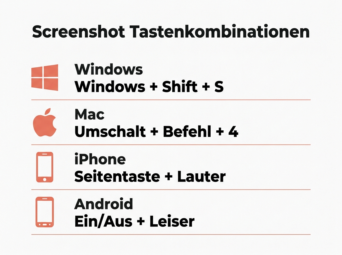 Übersicht der Tastenkombinationen für Screenshots auf allen Geräten