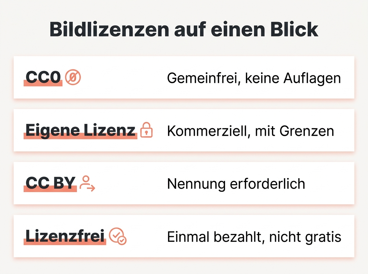 Vier Lizenztypen im Vergleich mit den jeweiligen Erlaubnissen