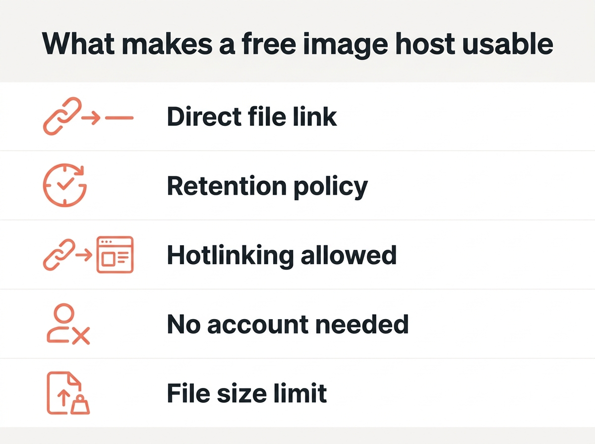 Comparison of free image hosting services showing retention, hotlinking and direct link support
