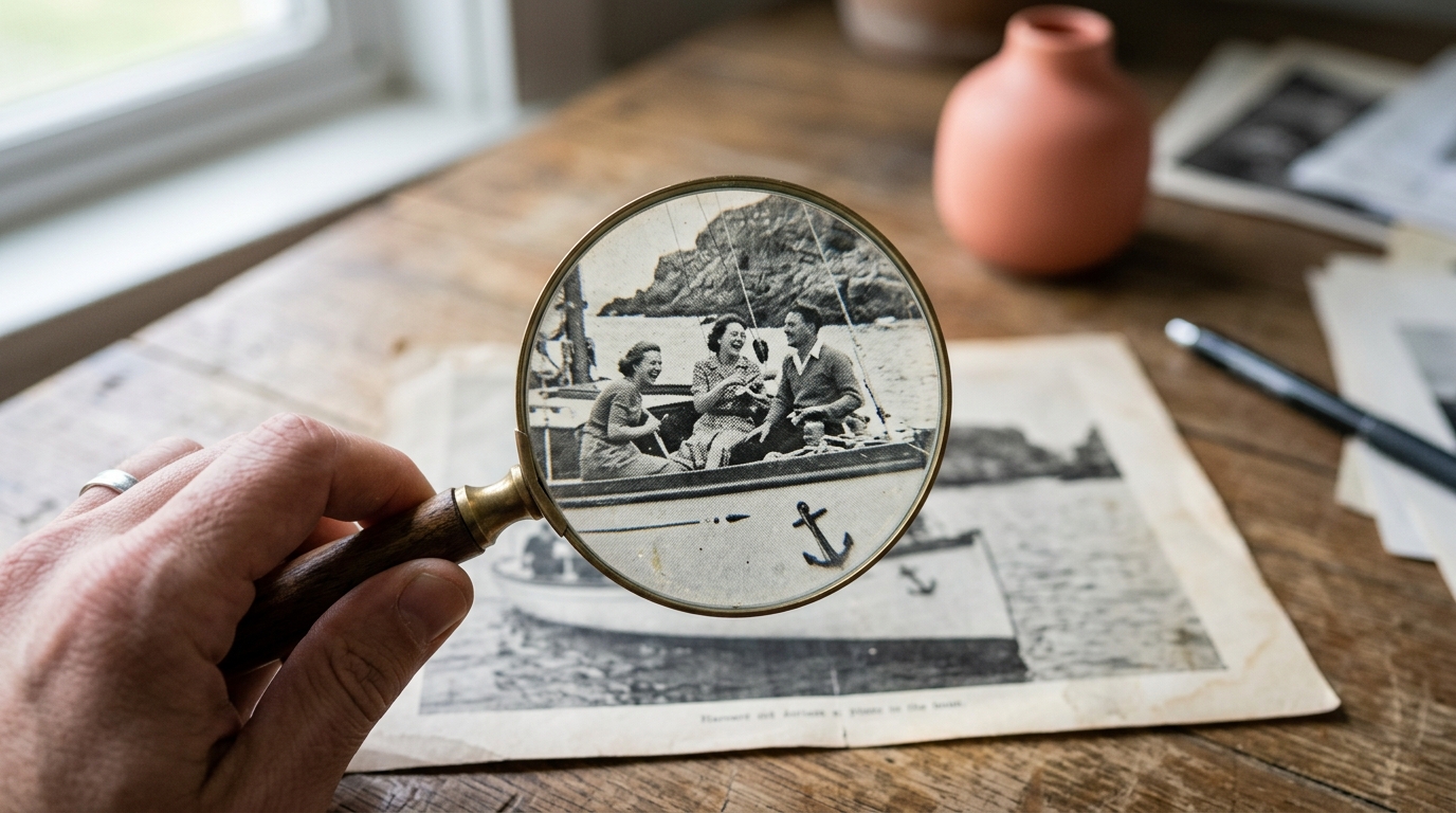 A magnifying glass over a photograph revealing subtle inconsistencies