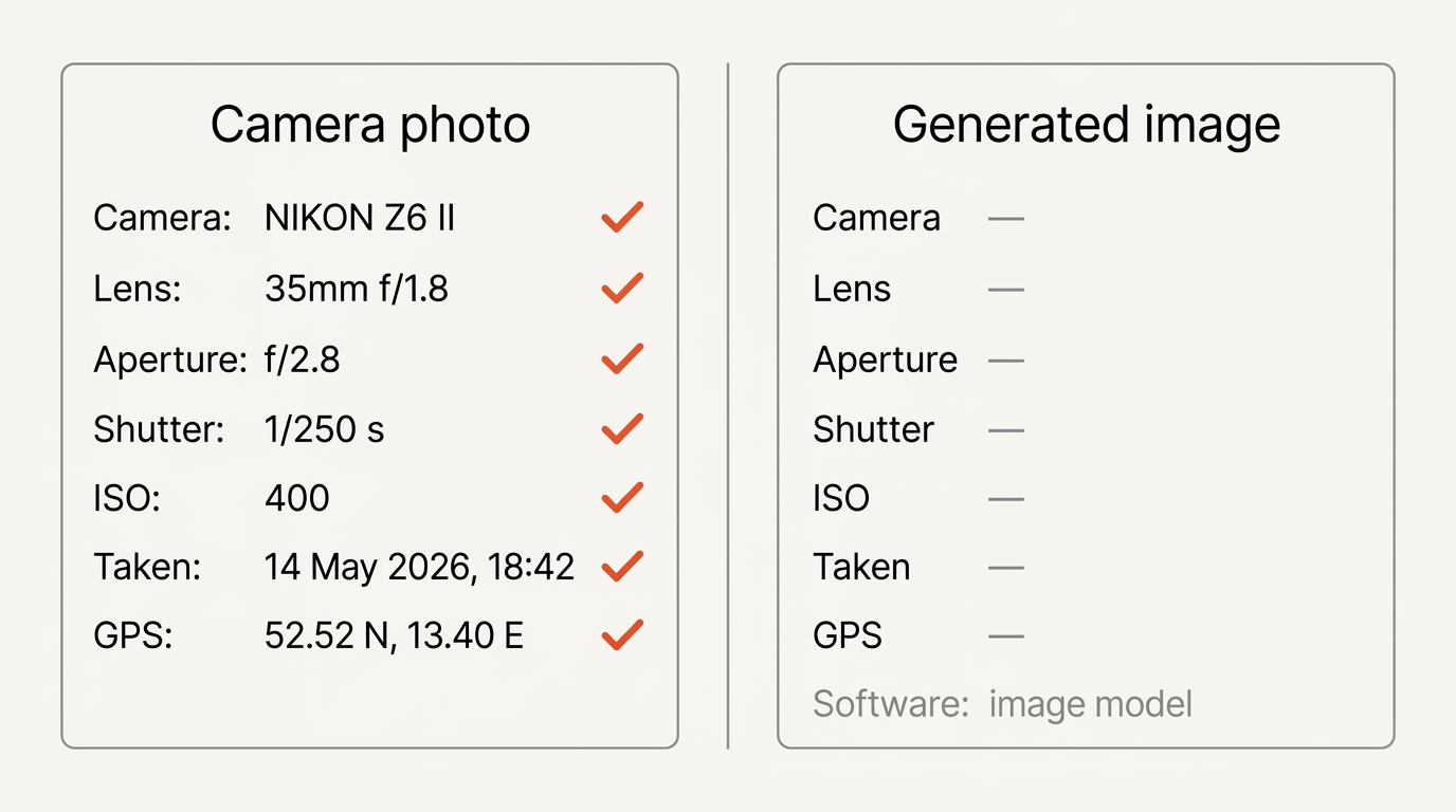 EXIF-Daten einer Kameraaufnahme neben einer Datei ganz ohne Metadaten