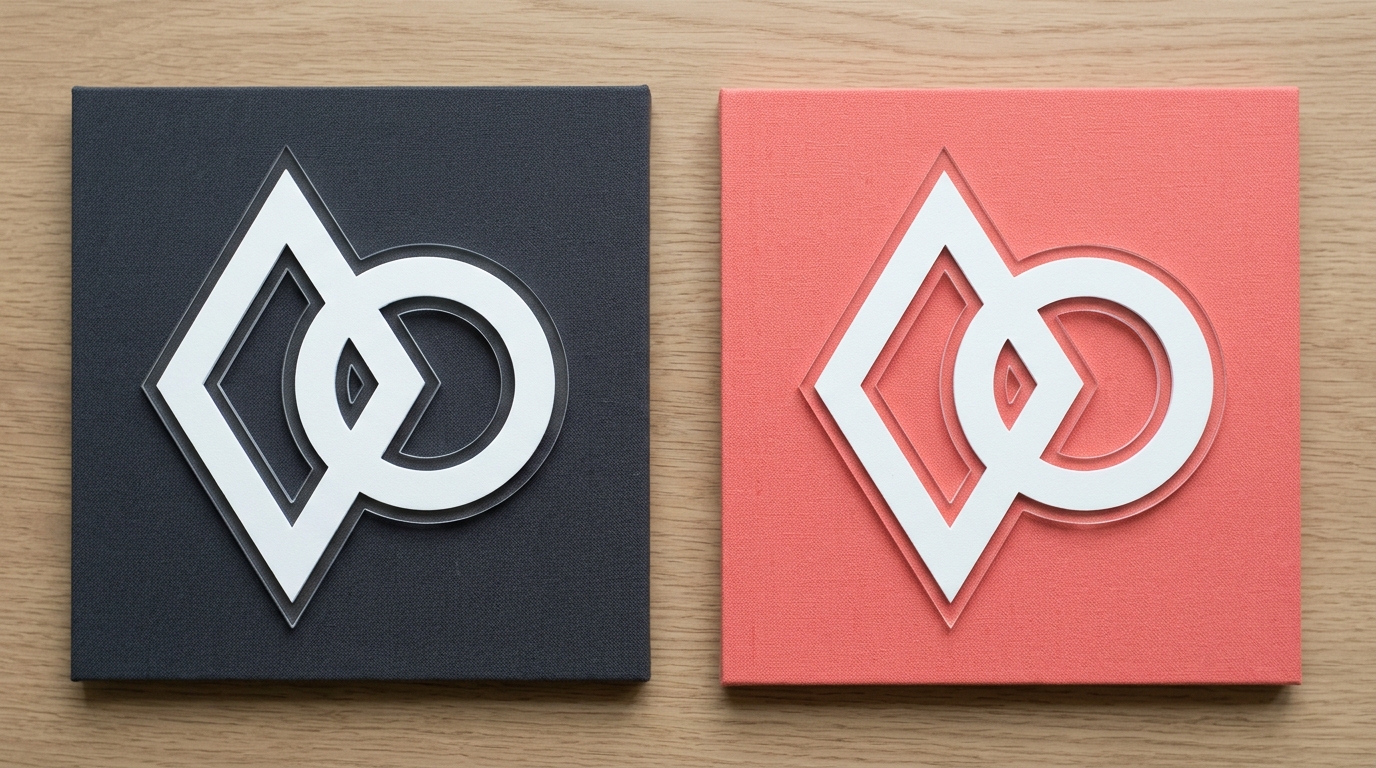 A logo with a transparent background shown against two different coloured surfaces